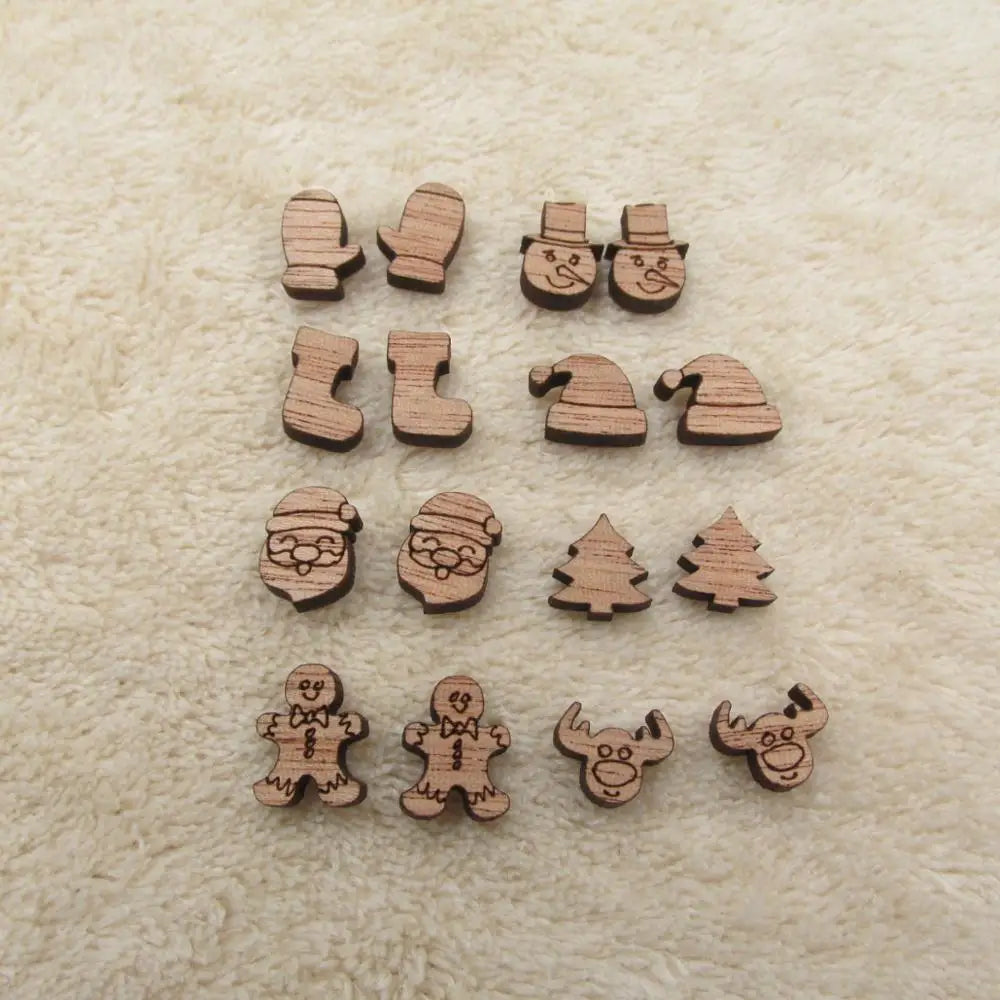 10pcs Unfinished Solid Wooden Christmas Tree, Boot Snowman, DIY Wood Crafts, Stud Earrings, Jewelry Making