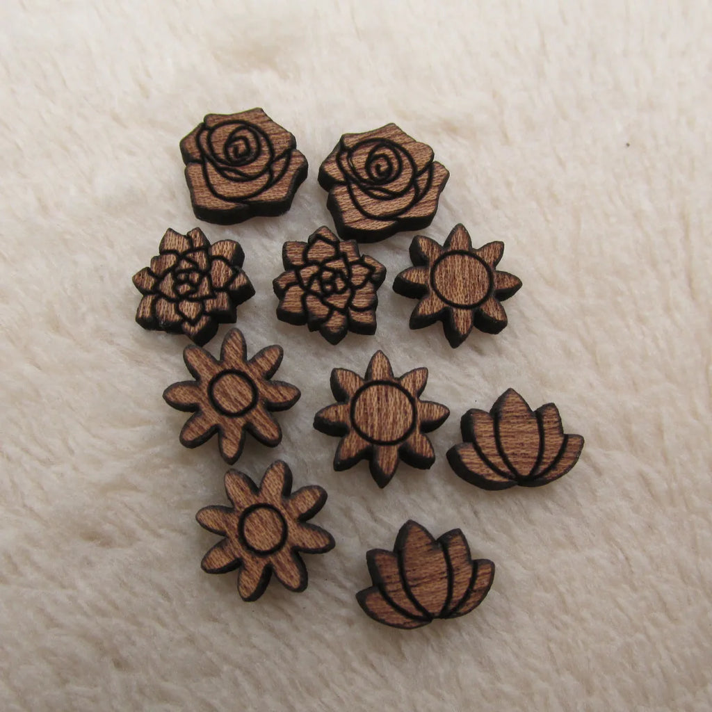 10pcs Unfinished Wood Cabochon Flower Icon, Laser Cut Engraving, DIY Craft Scrapbook Jewelry, Earrings Charm, Pendant Making