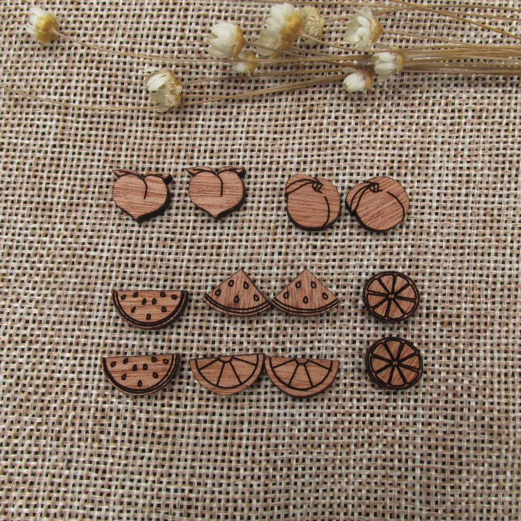 5 Pair Unfinished Blank Foods Wooden Peach Watermelon Orange Cabochon Wood Shape Cutouts For DIY Craft Earring Stud