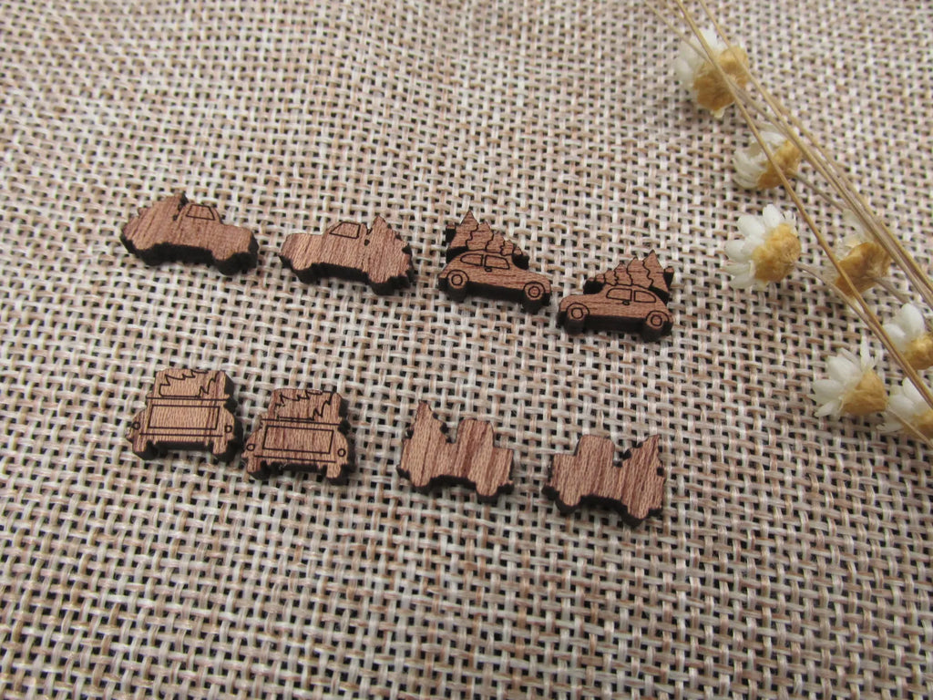 5 Pair Unfinished Blank MINI Wood Cabochon Christmas Car Trucks With Tree Wooden Cutout Shapes For DIY Stud Earrings Supplies
