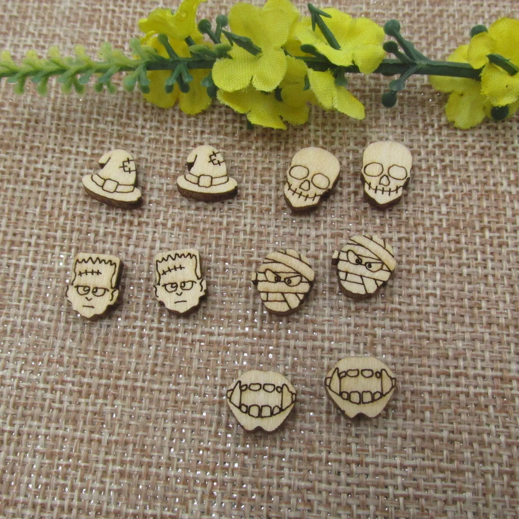 5 Pair Unfinished Blank Wooden Halloween Monster Kull Mummy Cabochon Fang Mouth Post Witch Hat Wood Earrings Stud