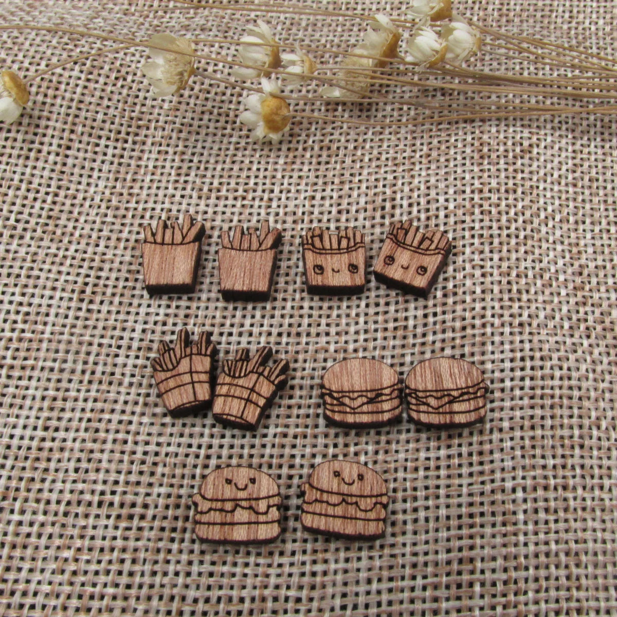 5 Pair Unfinished Blank Foods Wood Cabochon French Fries Hamburger Wooden Shape Pendant For DIY Jewerly Earrings Supplier