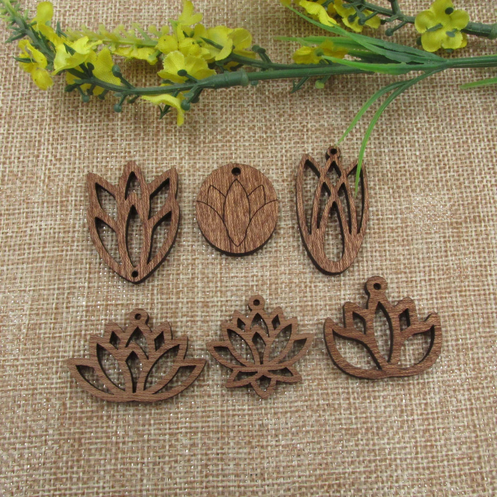 6pcs Unfinished Blank Wood Lotus Flower Leaf Head Wooden Charms Pendants Earrings Lotus Necklace For DIY Jewelry Making