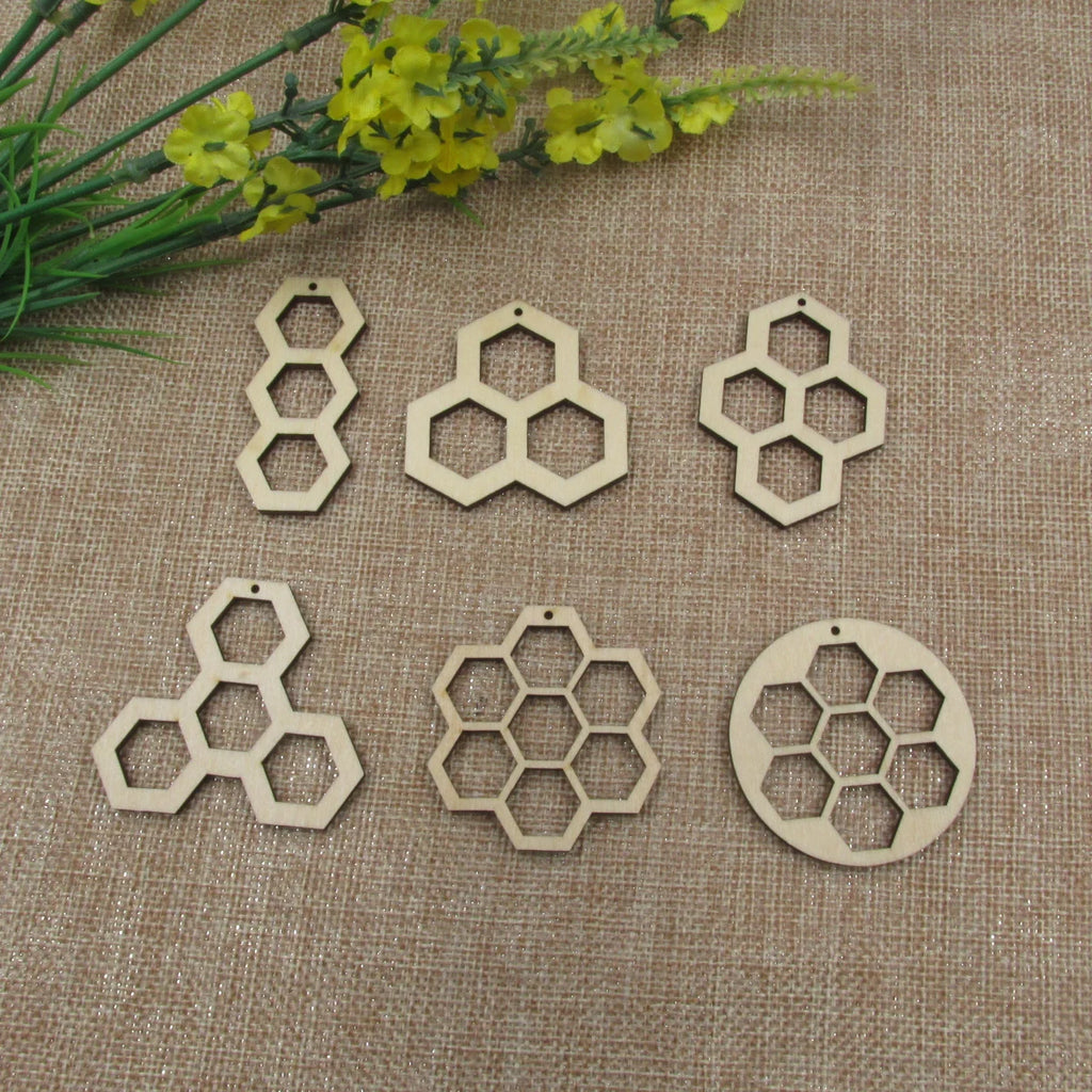 10pcs Unfinished Blanks Wooden Rectangle Hexagon Honeycomb Shape Hollow Dangle Earrings DIY Findings Jewelry