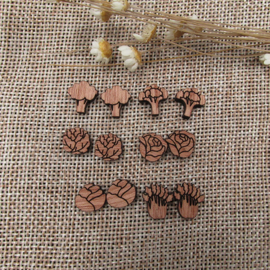 5 Pair Unfinished Blank Wooden Broccoli Cabochon Wood Greens Vegetable Leaf Shape Cutouts For DIY Craft Earring Stud