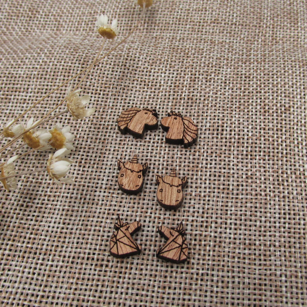 5 Pair Unfinished Blank Wood Cabochon Animal Horse Unicorn Wooden Cutout Shapes For DIY Stud Earrings Supplies