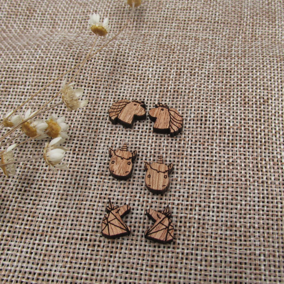 5 Pair Unfinished Blank Wood Cabochon Animal Horse Unicorn Wooden Cutout Shapes For DIY Stud Earrings Supplies
