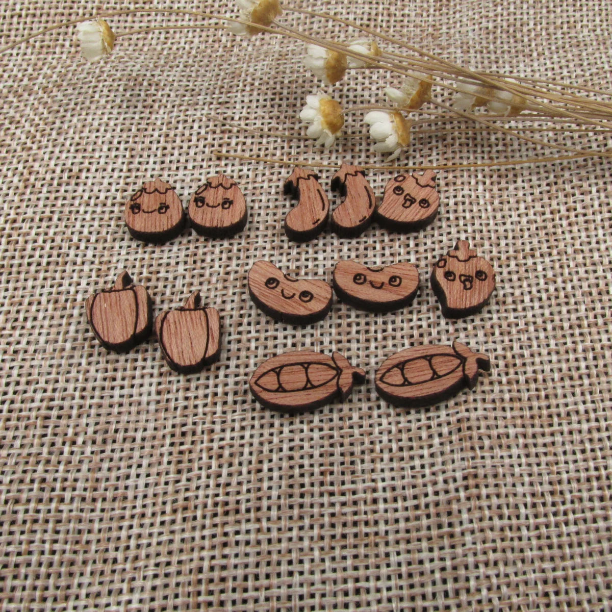5 Pair Unfinished Blank Wooden Cabochon Wood Eggplant Chili Hot Pepper Pease Shape Cutouts For DIY Craft Earring Stud
