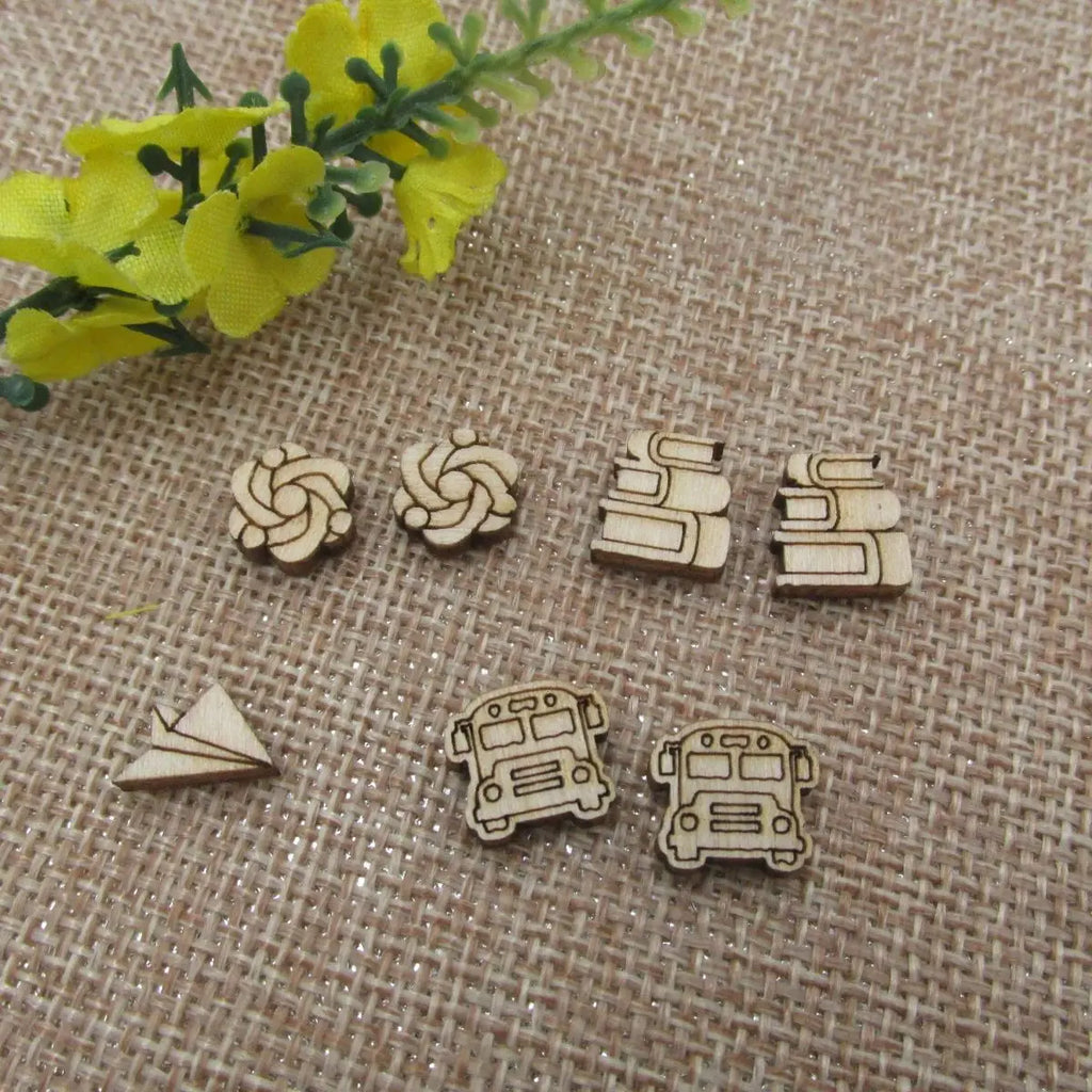 5 Pair Unfinished Blank Wood Cabochon Back to School Bus Post Paper Airplane Books Science Atom Earrings Stud Jewerly Findings