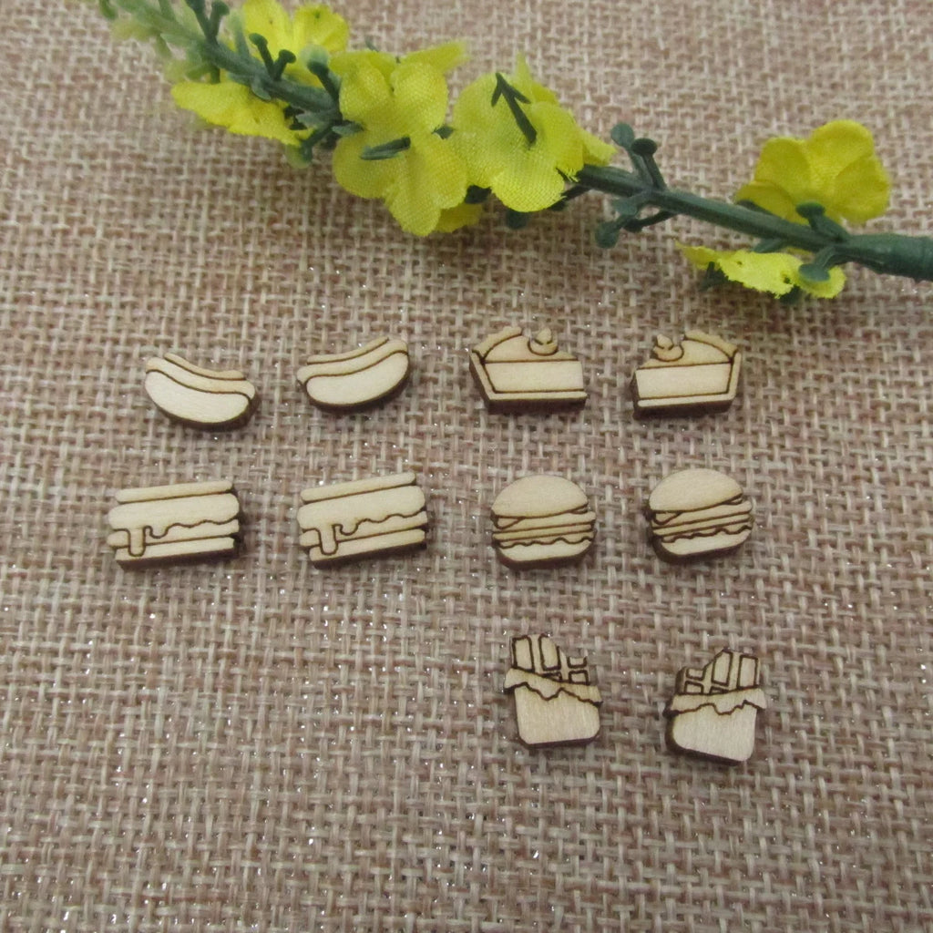 5 Pair Unfinished Blank Wooden Food Hot Dog Hamburger Cabochon S'mores Post Chocolate Bar Wood Pie Slice Earrings Stud