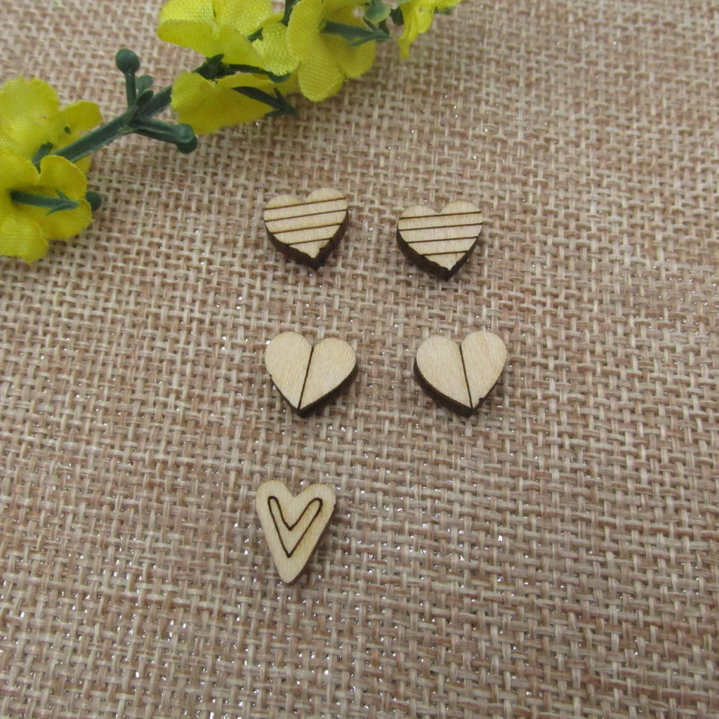 5 Pair Unfinished Blank Wood Cabochon Mini Valentines Day Sketch Two Tone Striped Heart Post Ladies Earrings Stud