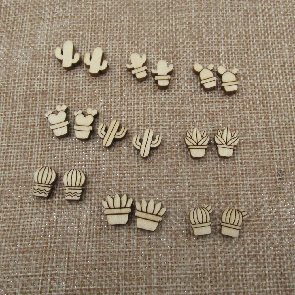 10pcs Unfinished Blank Plant Cactus Pot Shape Mini Wood Boho Stud Earring Post Cabochon Handmade Charms