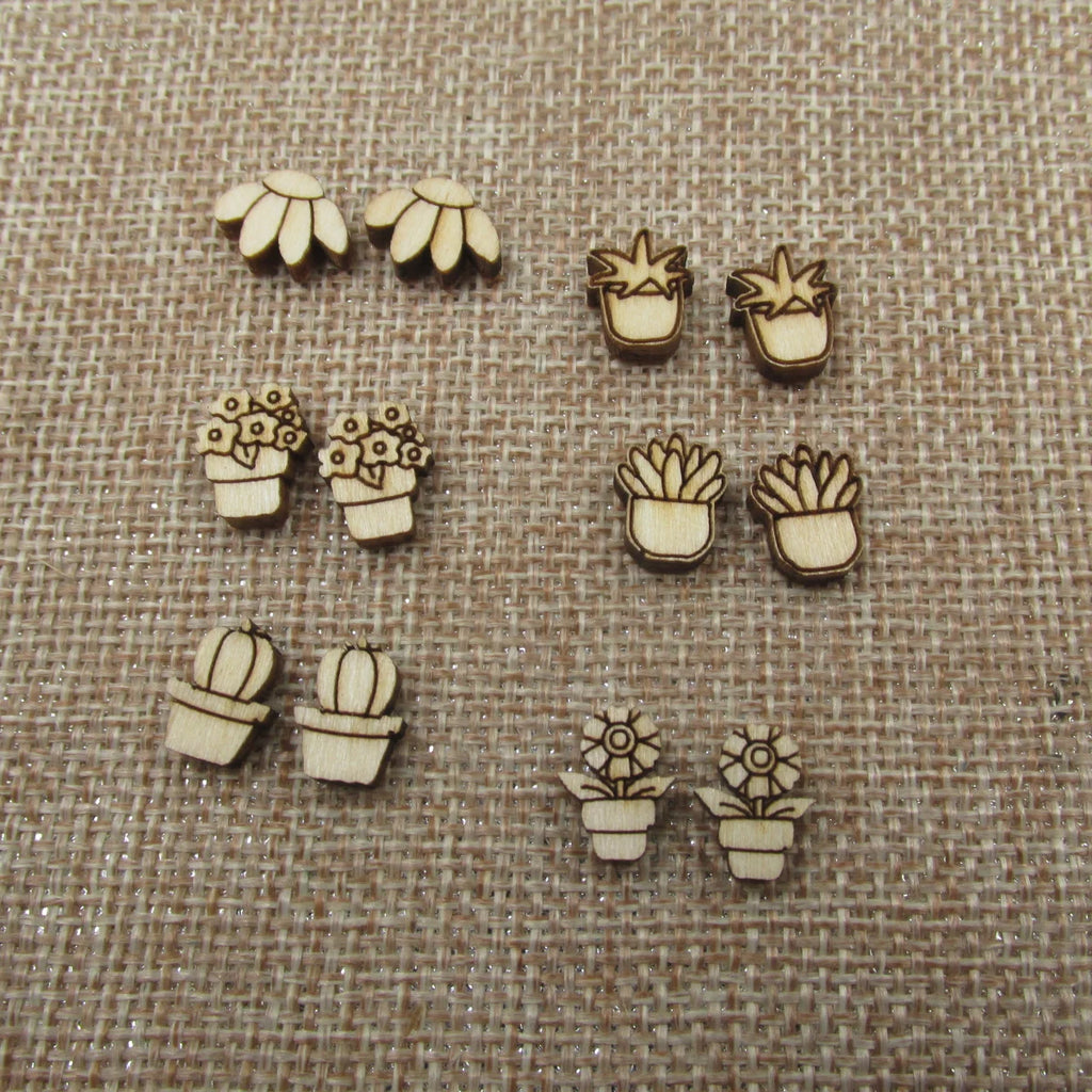 10pcs Unfinished Blank Tiny Coneflower and flower pot Shape Mini Wood Boho Stud Earring Post Cabochon Handmade Charms