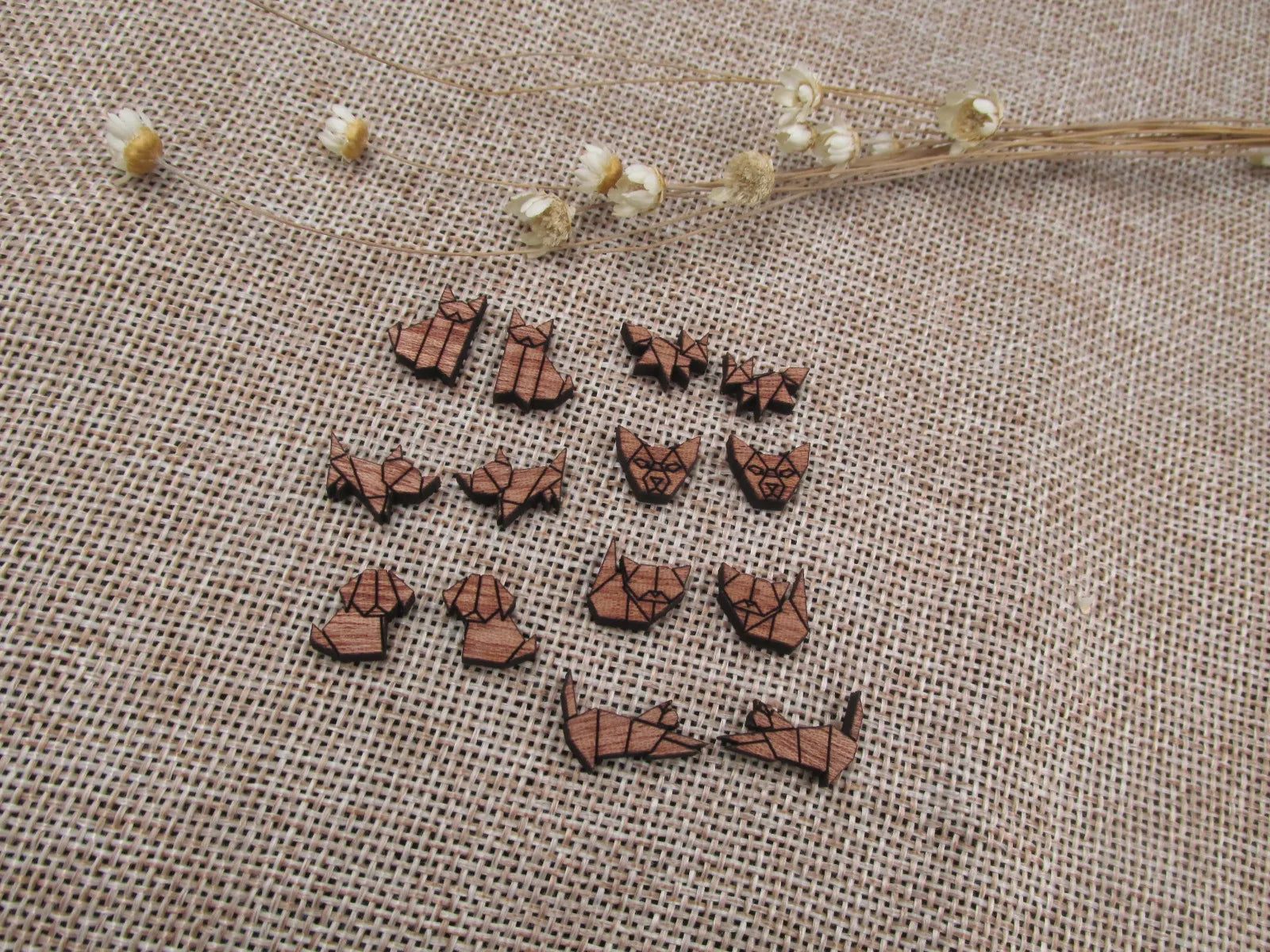 5 Pair Geometric Origami Unfinished Blank Wood Cabochon Home Animal Cat Wooden Cutout Shape For DIY Earrings Supplies