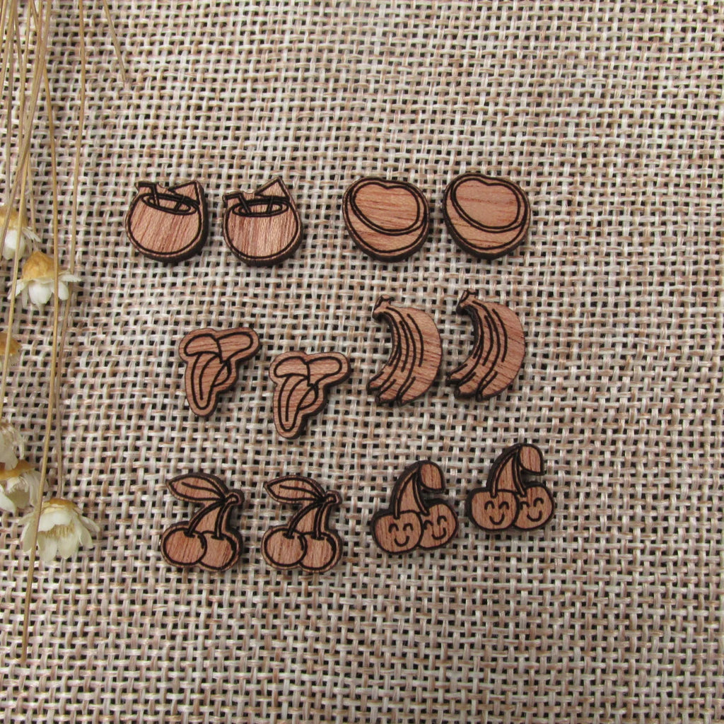 5 Pair Unfinished Blank Foods Wooden Coco Banana Coconut Cherry Cabochon Wood Shape Cutouts For DIY Craft Earring Stud