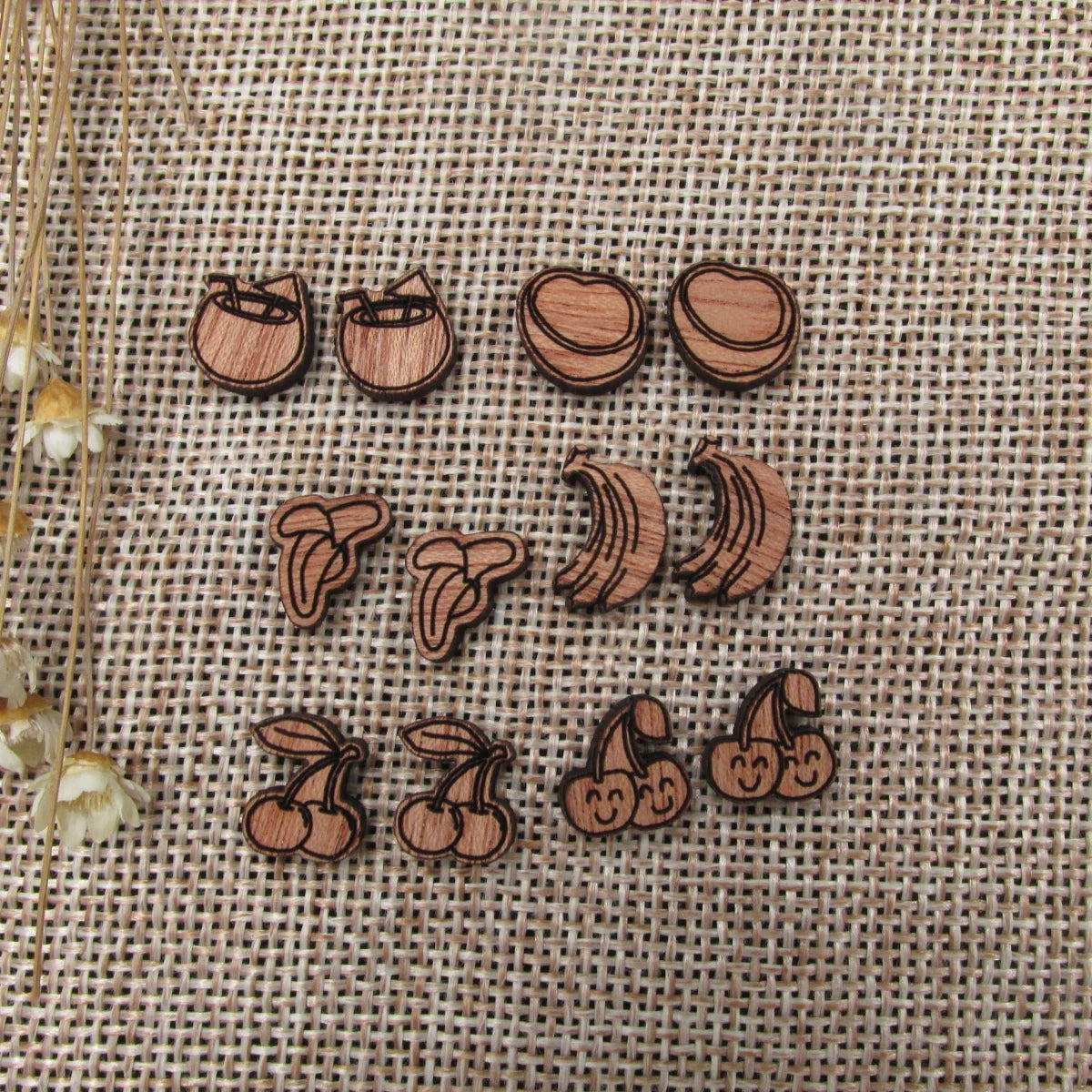5 Pair Unfinished Blank Foods Wooden Coco Banana Coconut Cherry Cabochon Wood Shape Cutouts For DIY Craft Earring Stud