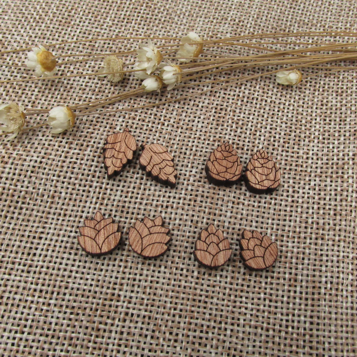 5 Pair Unfinished Blank Autumn Falls Leaves Wooden Pine Pinecone Cabochon Wood Shape Cutouts For DIY Craft Earring Stud