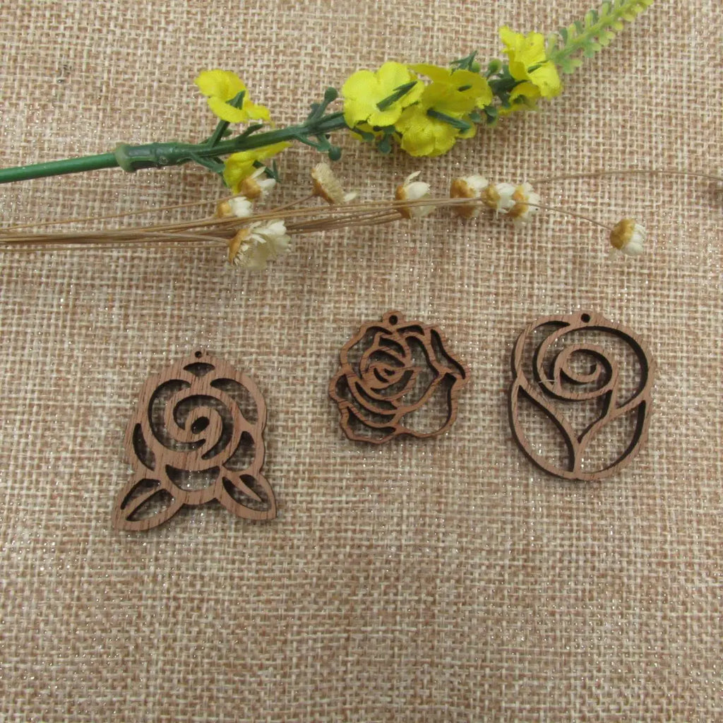 6pcs Unfinished Wooden Charms Flower Rose Laser Cut Wood Pendants Antique Jewelry Making DIY Handmade Craft