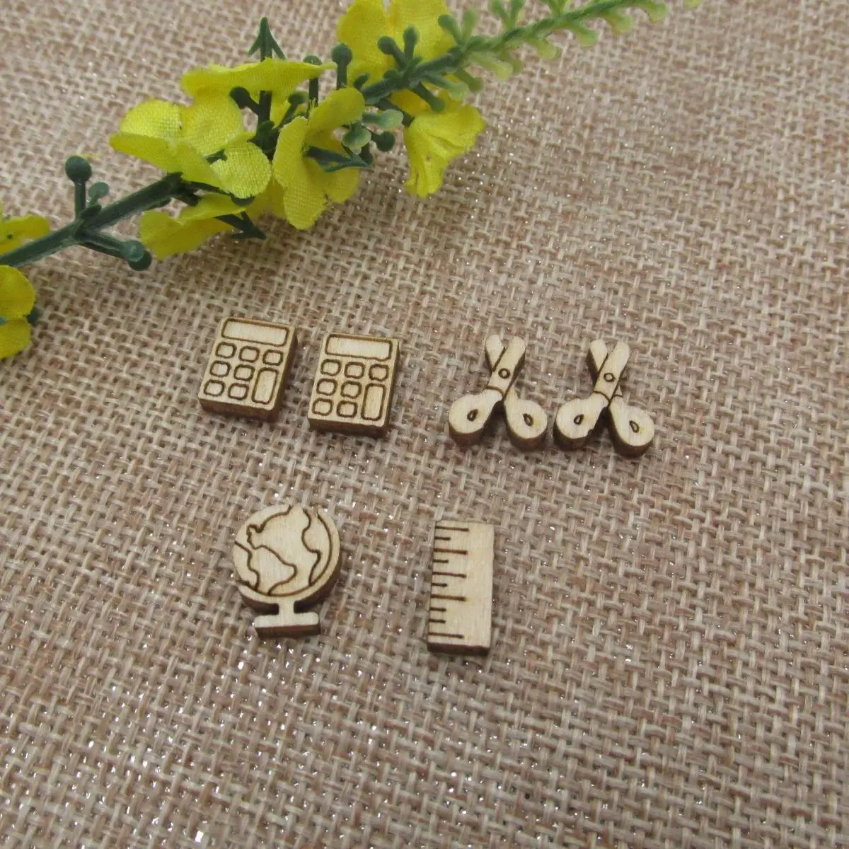 5 Pair Unfinished Blank Wood Cabochon Back to School Post Math Calculator Ruler Globe Scissors Earrings Stud Jewerly Findings