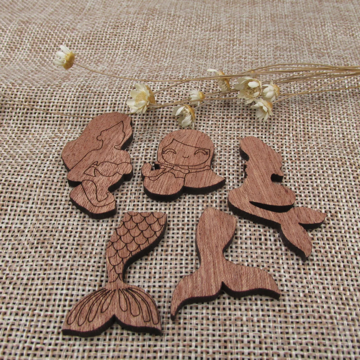 3 Pair Unfinished Ocean Animal Wooden Mermaid Shape Cutout For Brooches Pin Magnet Pendant Charms Diy Making