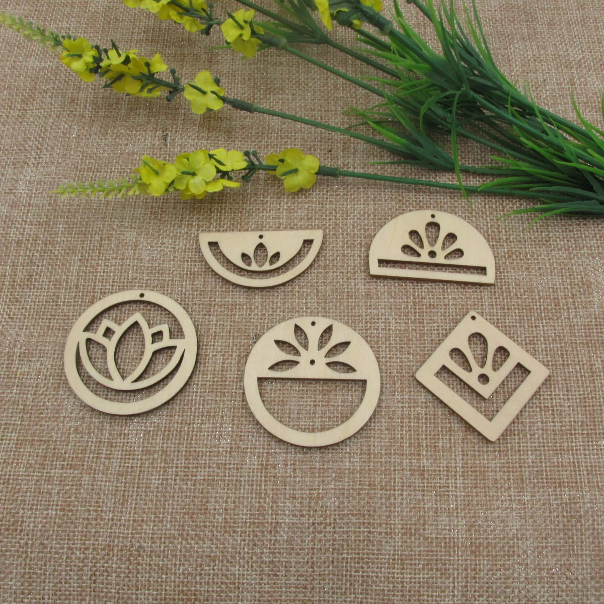 10pcs Unfinished Wood Blanks Flower Lotus Macrame Half Circle Diamond Shape Wooden Macrame For DIY Earrings Findings Jewelry