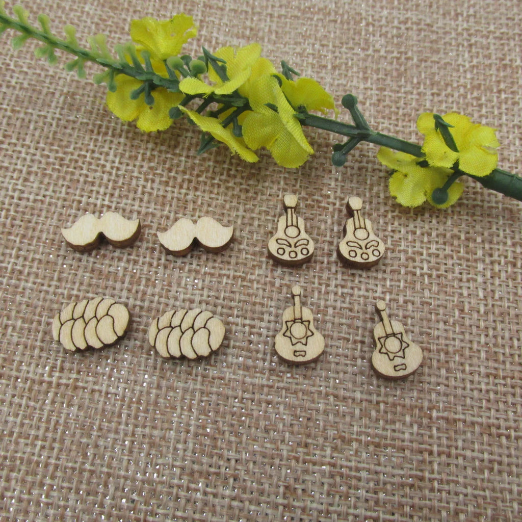 5 Pair Unfinished Blank Wooden Mexican Vihuela Guitar Cabochon Mustache Boho Hanukkah Challah Post Wood Earrings Stud