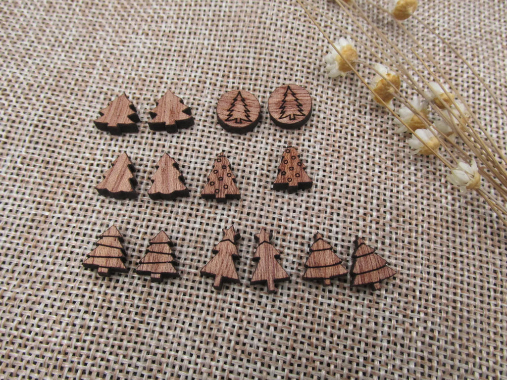 5 Pair Unfinished Blank MINI Wood Cabochon Christmas Tree Wooden Cutout Shapes For Paint Kit Craft  DIY Stud Earrings Supplies