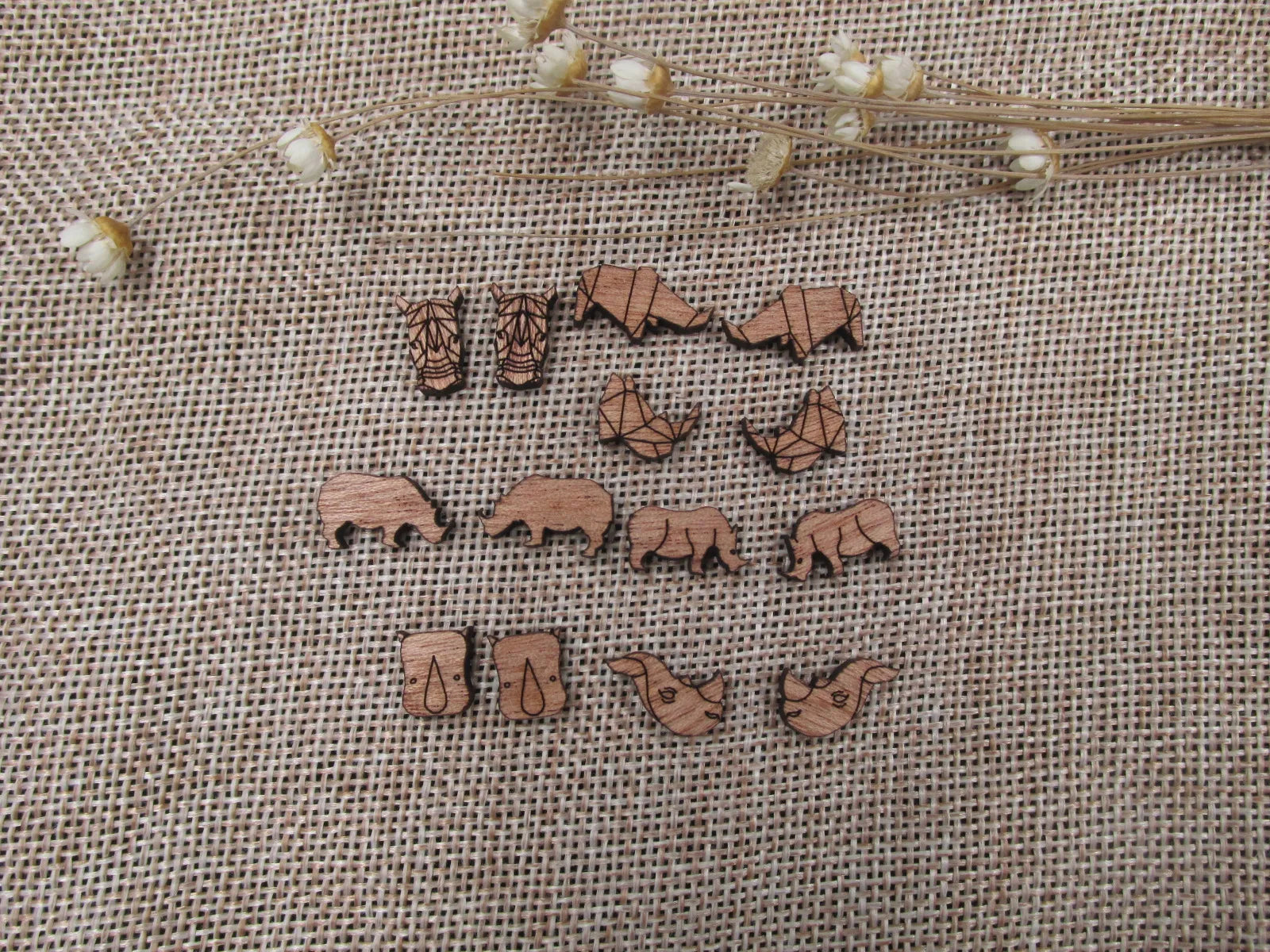 5 Pair Unfinished Woodland Blank Wild Animal Wooden Rhino Cabochon Charms Wood Shape Cutouts For DIY Craft  Earring Stud