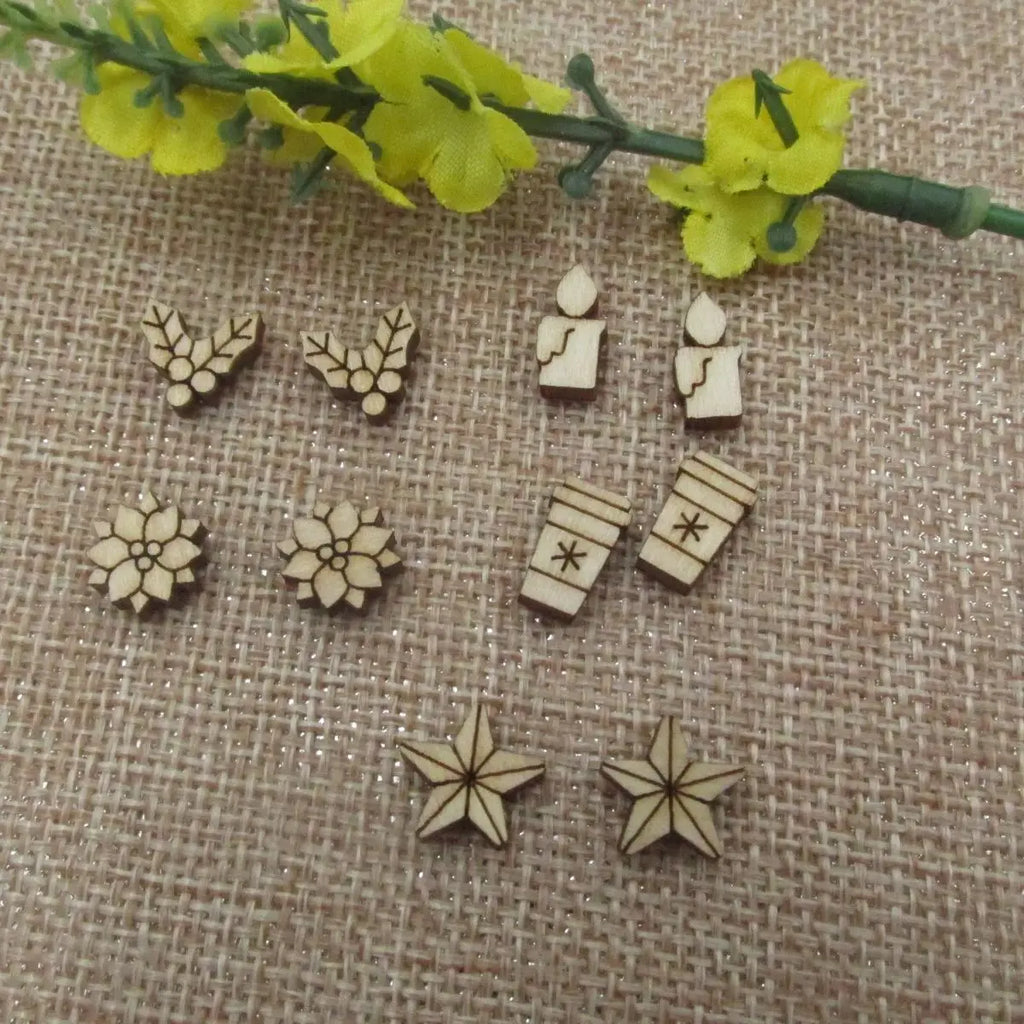 5 Pair Unfinished Blank Wooden Christmas Peppermint Coffee Cup Cabochon Star Candle Post Poinsettia Holly Earrings Stud