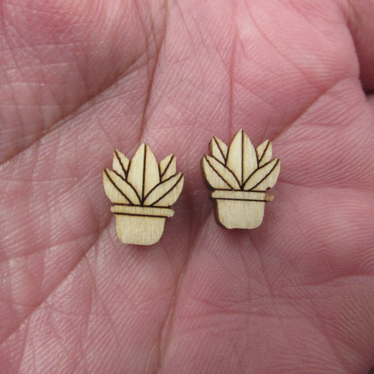 10pcs Unfinished Blank Plant Cactus Pot Shape Mini Wood Boho Stud Earring Post Cabochon Handmade Charms