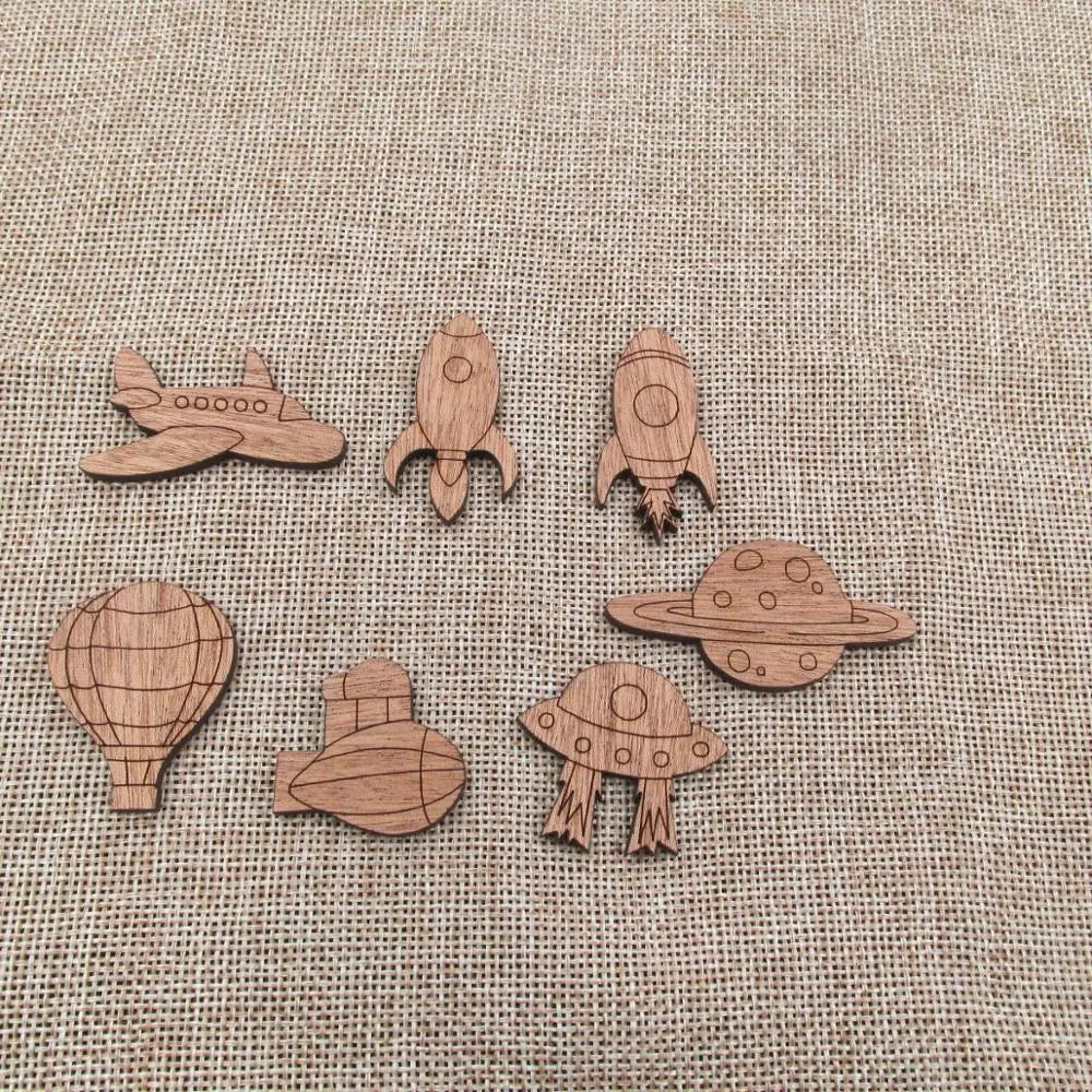 Unfinished Plane Rocket Hot Air Ballon Planet UFO Wood Shape Cutout for Pendant Pin Brooch Making Wooden DIY Craft
