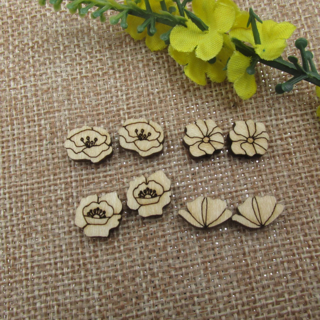 10pcs Unfinished Blank Tiny Poppy Flower Shape Mini Wood Stud Earring Birth Month Flowers Post Cabochon Charms For Diy Project