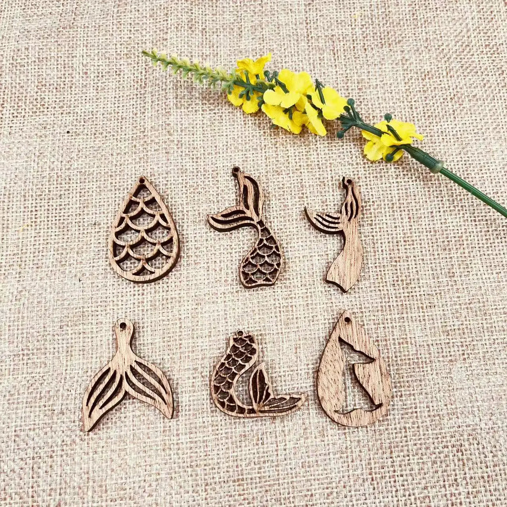 6pcs Unfinished Wooden Sea Animal Ocean Mermaid Fish Whale Tail Charms Earring Pendants For Jewelry Making DIY Handmade Crafte