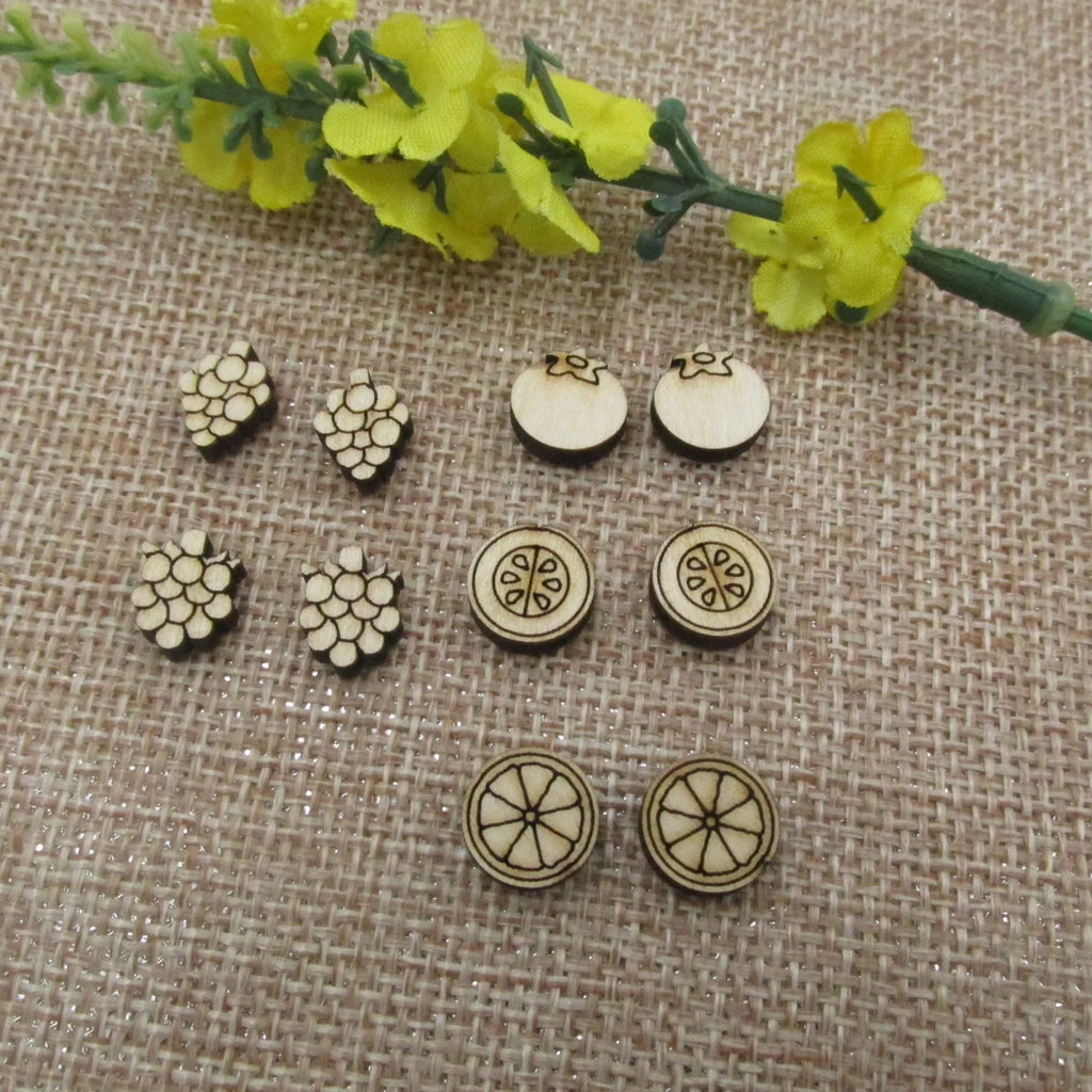 5 Pair Unfinished Blank Wooden Fruits Grapefruit Slice Honeydew Cabochon Grapes Post Blueberry Blackberry Wood Earrings Stud