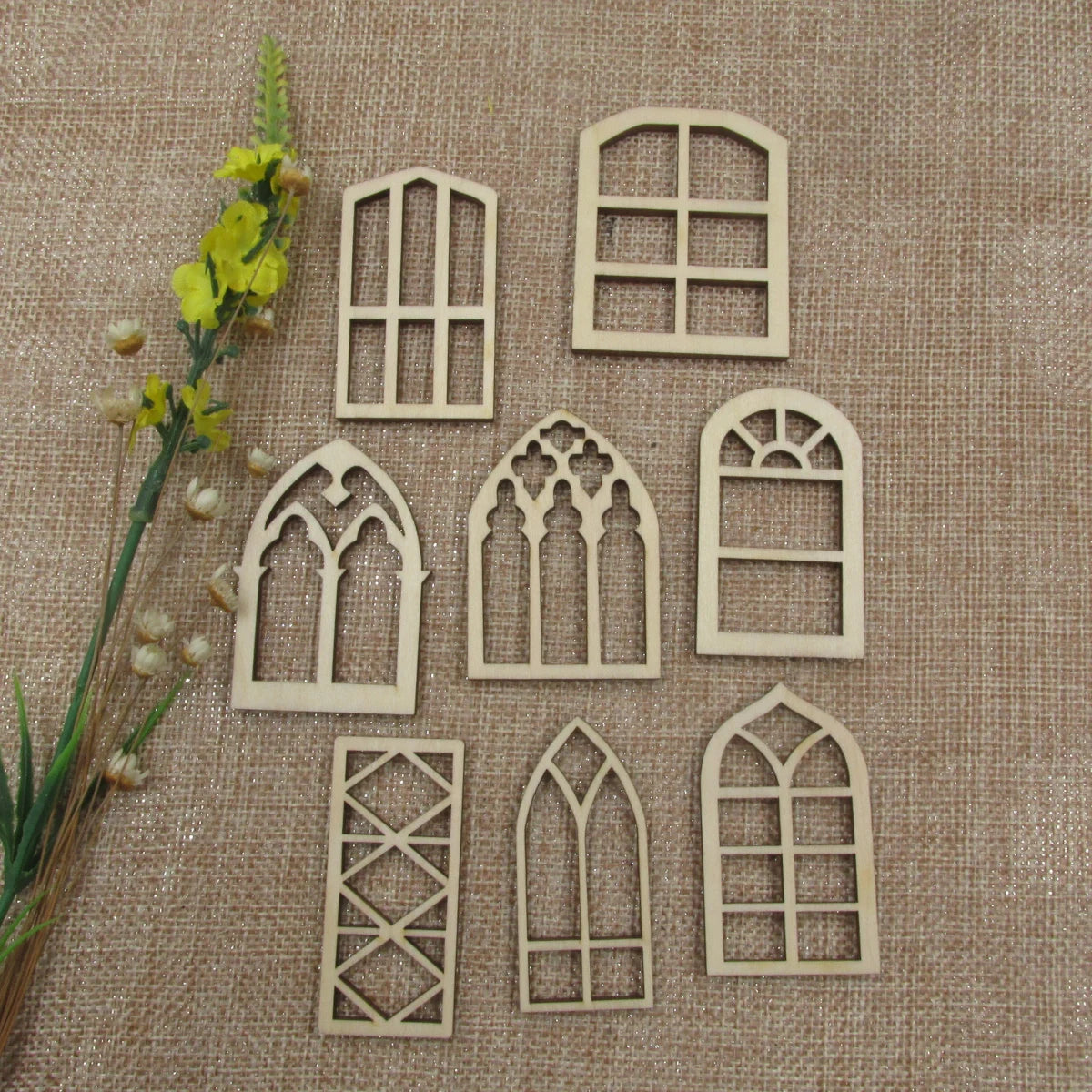 10pcs Unfinished Blank Dollhouse Fairy Window Shape Wooden Windows Cutout Door House Accessories For DIY Craft
