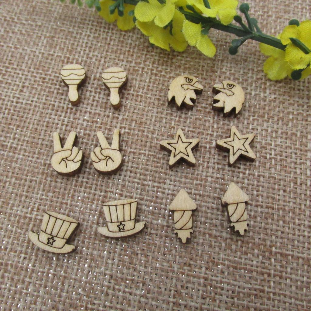 5 Pair Unfinished Blank Wooden Mini Patriotic Star Cabochon Bald Eagle Post Firework Patriotic Hat Wood Earrings Stud