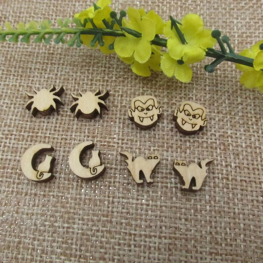 5 Pair Unfinished Blank Wooden Halloween Black Moon Cat Cabochon Spider Post Vampire Wood Earrings Stud Jewelry Finding