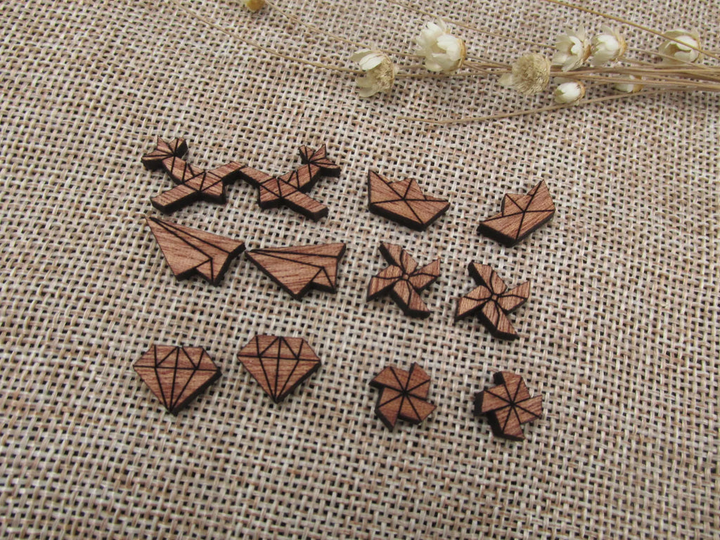 5 Pair Origami Crane Unfinished Blank Wood Cabochon Boat Paper Plane Diamond Windmill Wooden Cutout Shapes For DIY Earrings