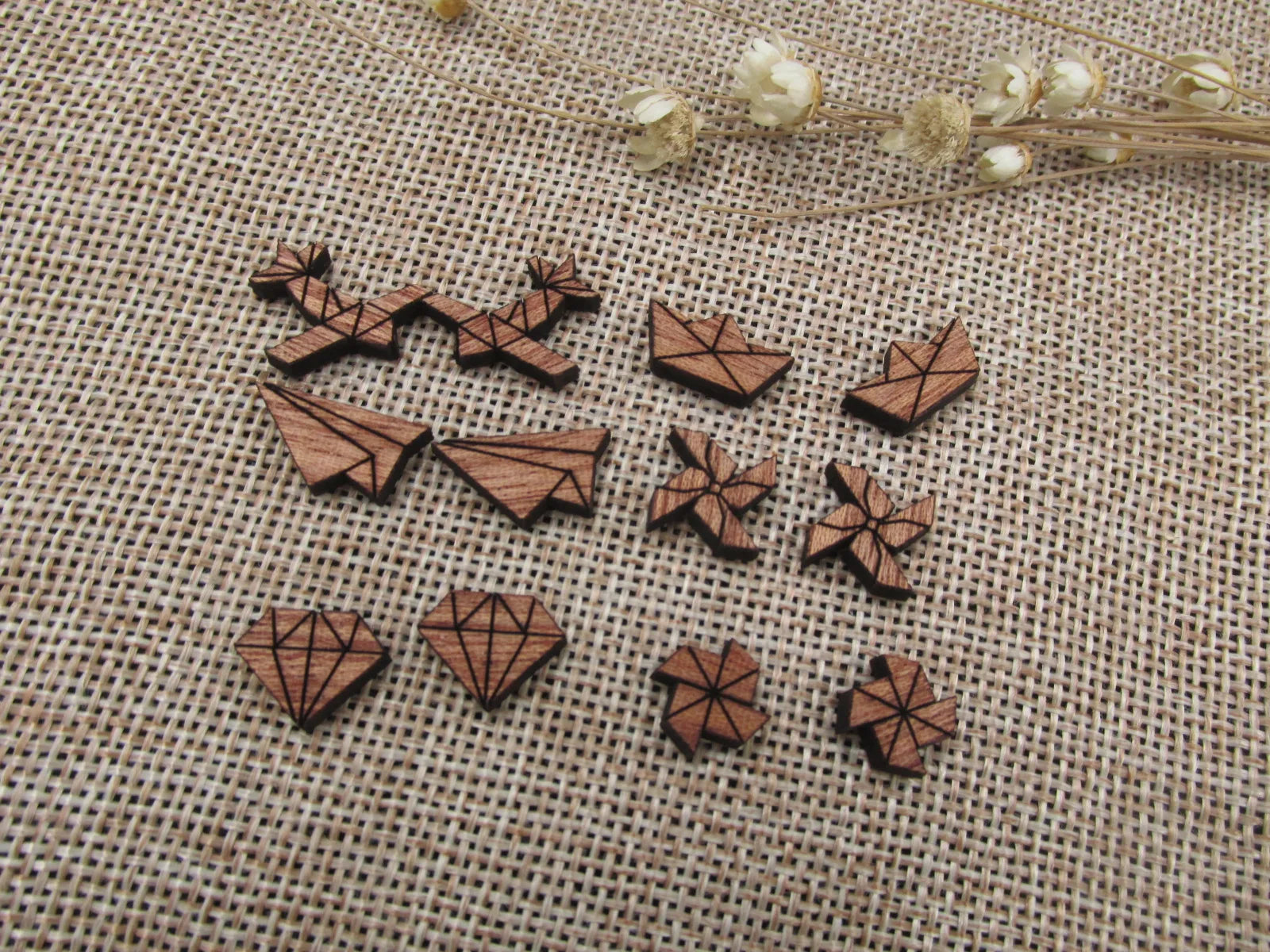 5 Pair Origami Crane Unfinished Blank Wood Cabochon Boat Paper Plane Diamond Windmill Wooden Cutout Shapes For DIY Earrings