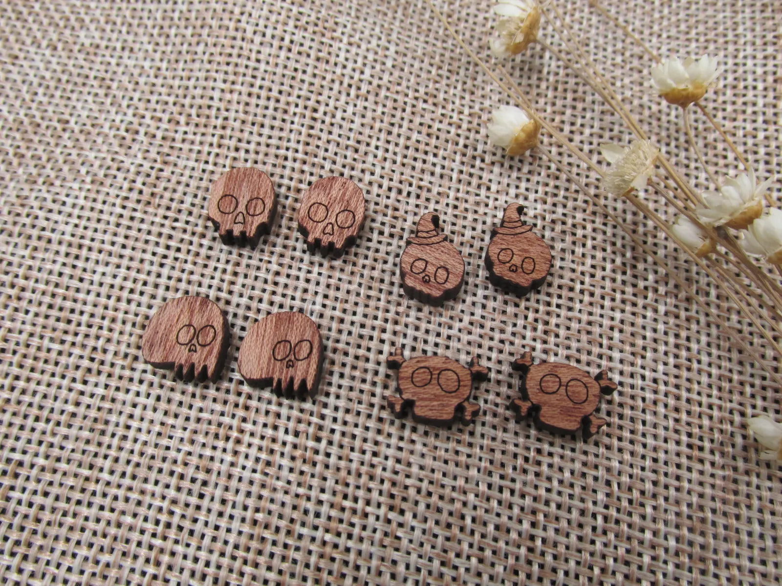 5 Pair Unfinished Blank Wood Cabochon Holidays Halloween Skull Wooden Cutout Shapes For DIY Stud Earrings Supplies