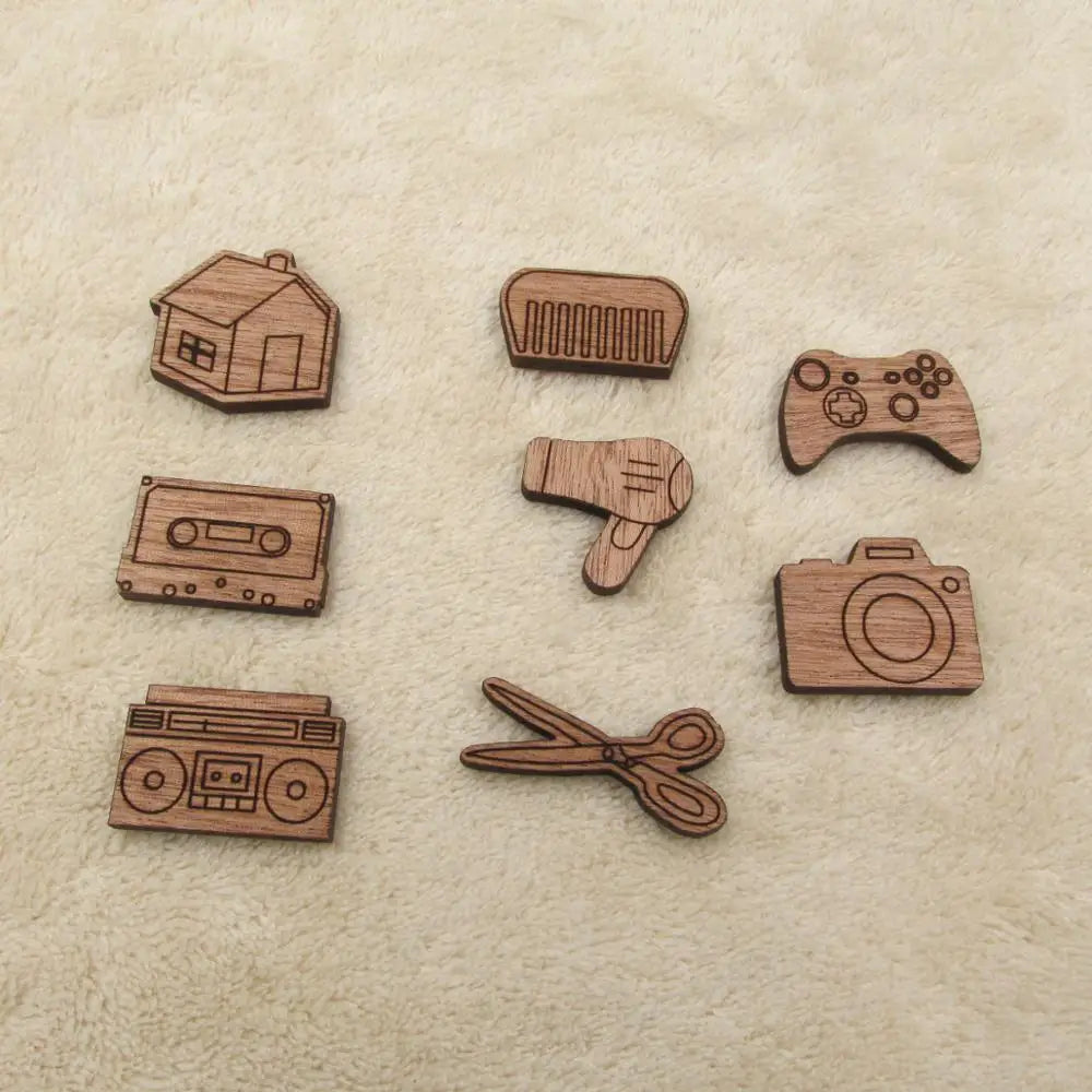 Laser Engraved Wooden Charms House Camera Game  Cassette Tap Items Boombox Scissor Cutouts Pendant For Jewerly DIY Making