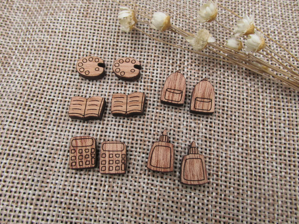 5 Pair Back to School Unfinished Blank Wood Cabochon Book Bag Wooden Cutout Shape For DIY Earrings Supplies