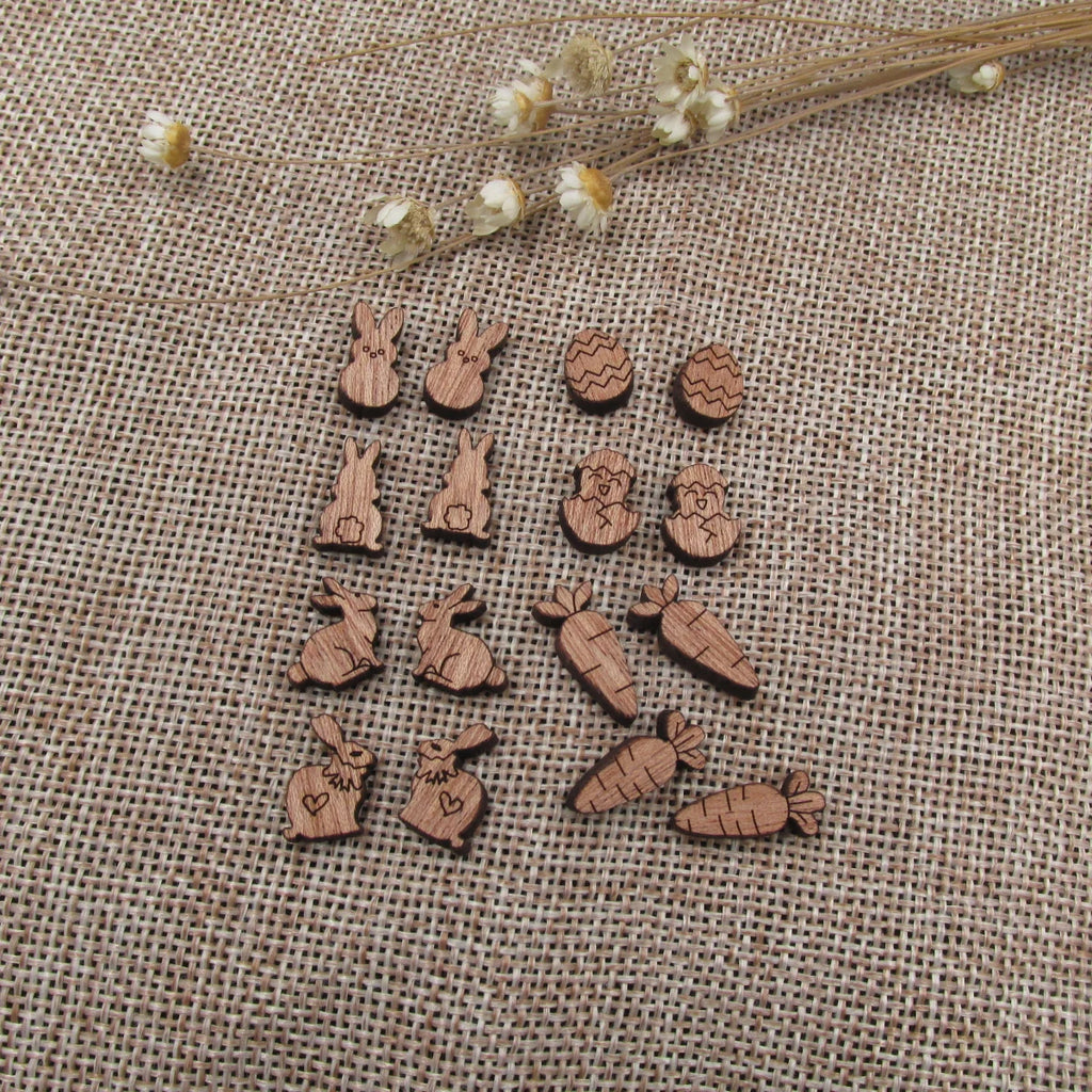 5 Pair Unfinished Blank Easter Wooden Bunny Rabbit Carrot Eggs Cabochon Wood Shape Cutouts For DIY Craft Earring Stud