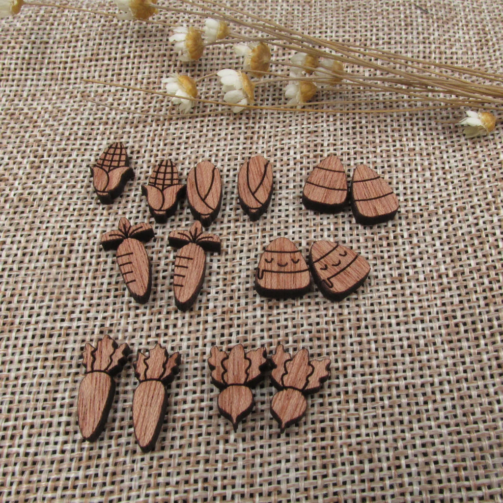 5 Pair Unfinished Blank Wooden Cabochon Wood Sweet Corn Radish Turnips Shape Cutouts For DIY Craft Earring Stud