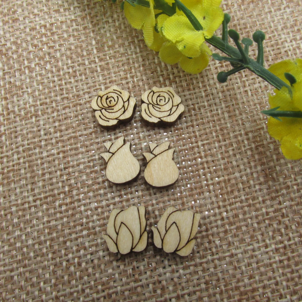 10pcs Unfinished Blank Tiny Rosebud Flower Rose Shape Wood Stud Earring Post Valentines Day Cabochon Charms