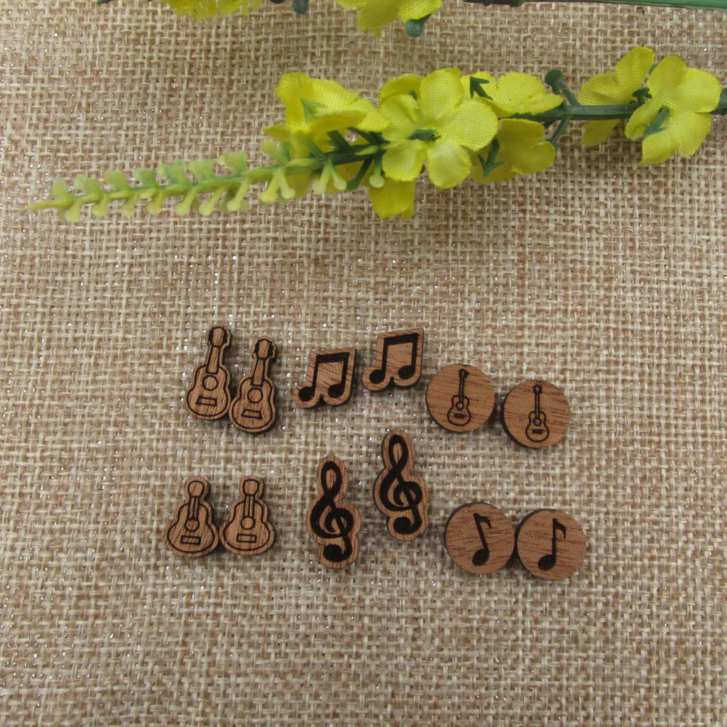 5 Pair Unfinished Blank Musical Wooden Music Note And Guitar Cabochon Charm Wood Shape Cutouts For DIY Craft  Earring