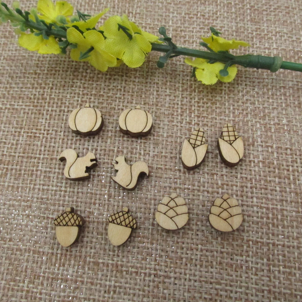 5 Pair Unfinished Blank Fall Wooden Squirrel and Acorn Cabochon Pinecone Post Corn Cob Pumpkin Wood Earrings Stud