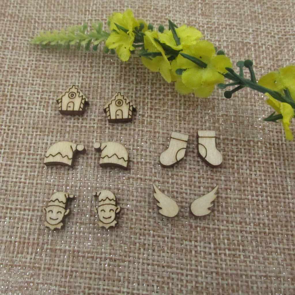 5 Pair Unfinished Blank Wooden Christmas Elf Hat Cabochon Angel Wings Post Christmas Stocking Gingerbread House Earrings Stud