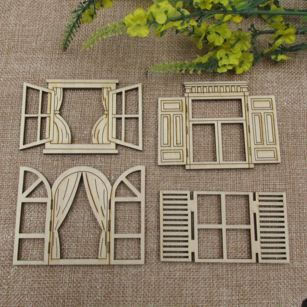 Unfinished Blank Wooden Fairy Opening Windows, Cutout Door Doll House Accessories, DIY Craft, 10Pcs