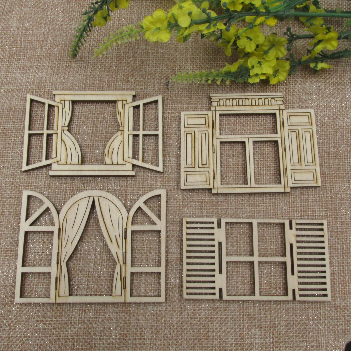 Unfinished Blank Wooden Fairy Opening Windows, Cutout Door Doll House Accessories, DIY Craft, 10Pcs
